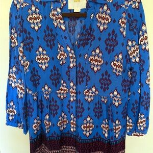 Maeve Anthropology Woodland Walk Ikat print blouse Blue 3/4 Sleeve Blouse